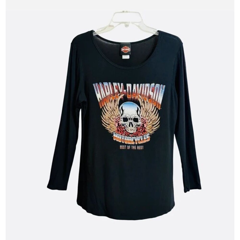 Harley Davidson Wild Rose Rhinestone Skull T Shirt Womens L Black Biker Grunge